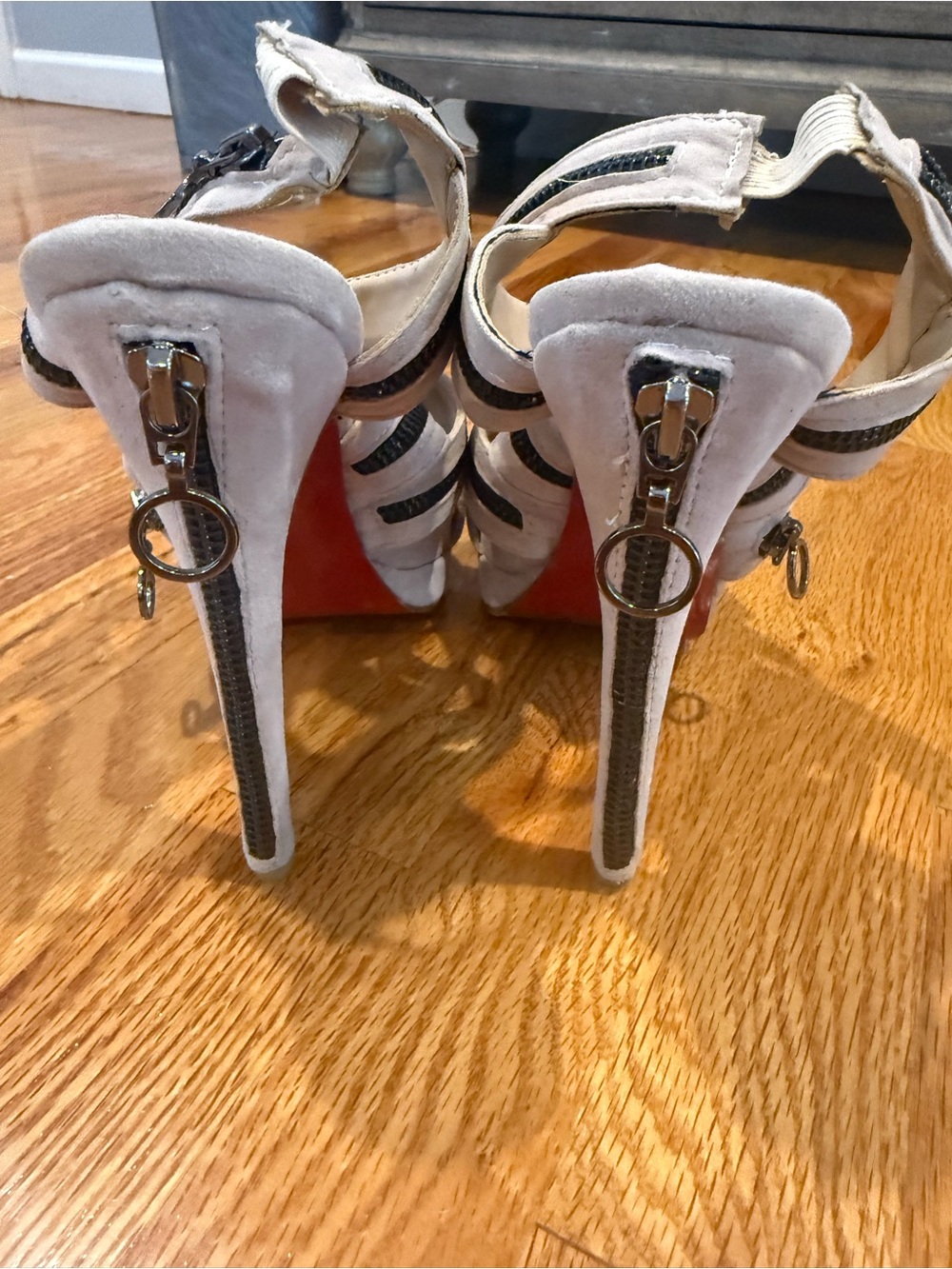 Christian Louboutin Beige Suede Platform Sandals with Black Trim - Picture 3 of 5